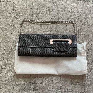 Big Buddha straw/raffia clutch, dark gray/black, silver hardware and chain, VGUC